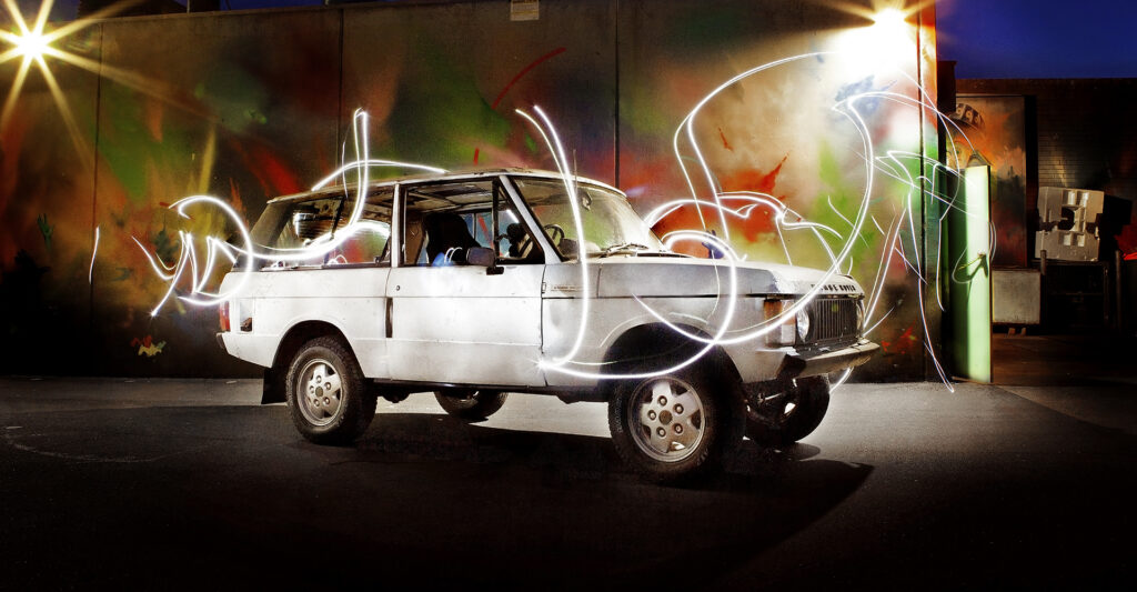 Night photography car with light trails
